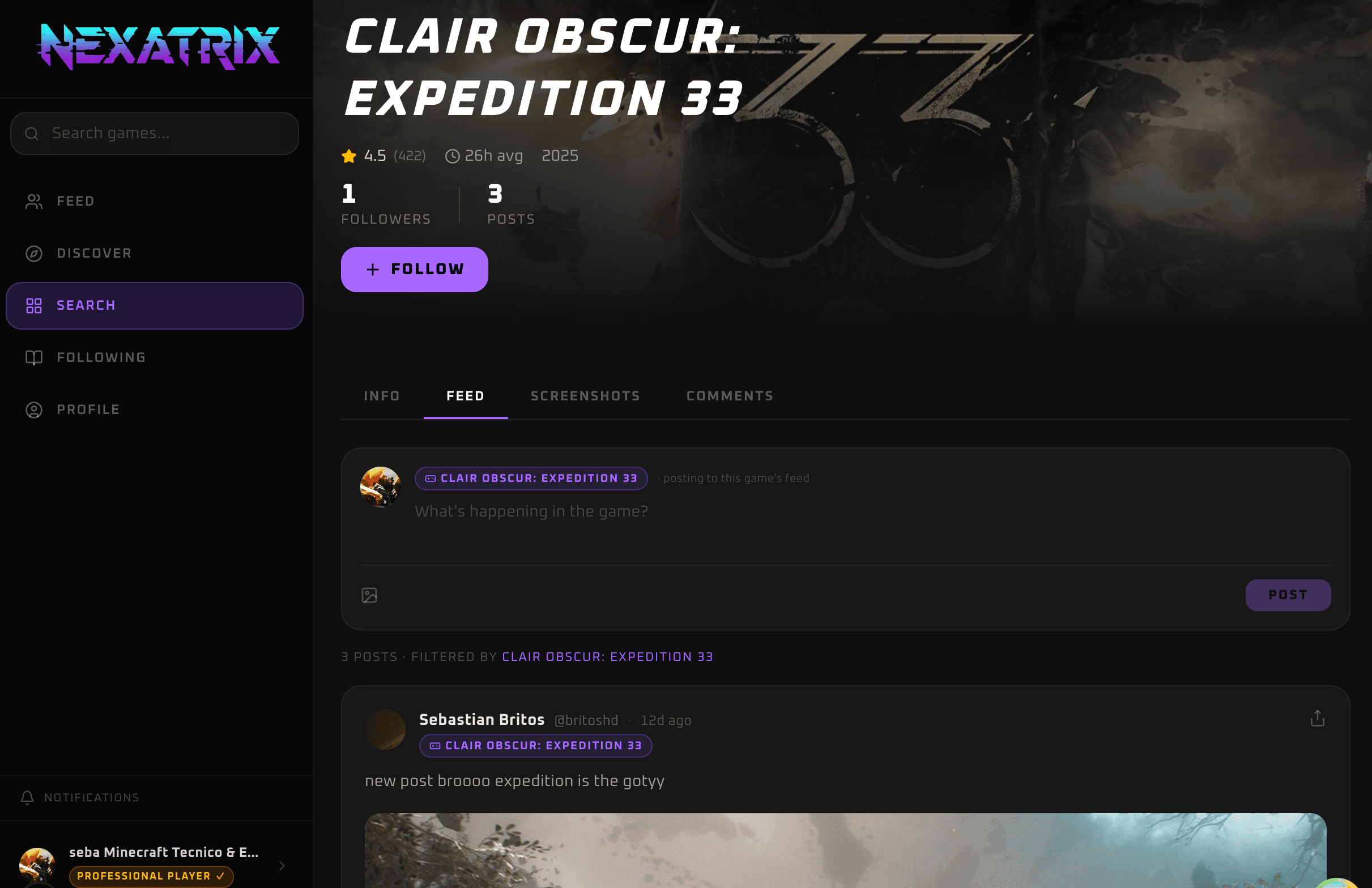 Game feed on Nexatrix